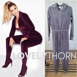GOOD AMERICAN // ltd ed ultra-flattering grey velour hooded zip front jumpsuit
